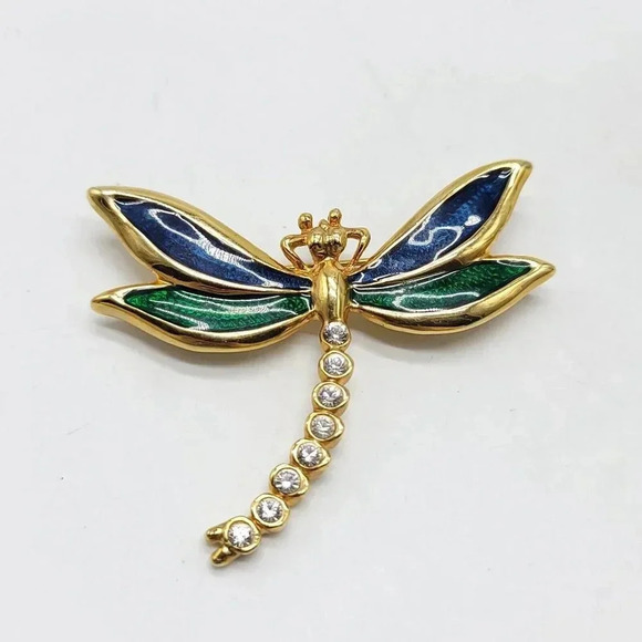 Blue Green Enamel Shiny Dragonfly Crystal Rhinestone Lovely Pin Brooch - Picture 1 of 4